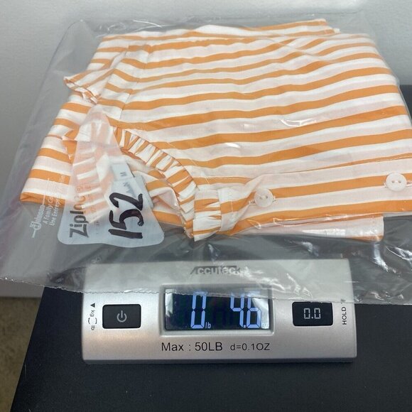 Harshman Women's Striped Ruffle Blouse Size M MISSING BUTTON Orange White - Picture 10 of 10